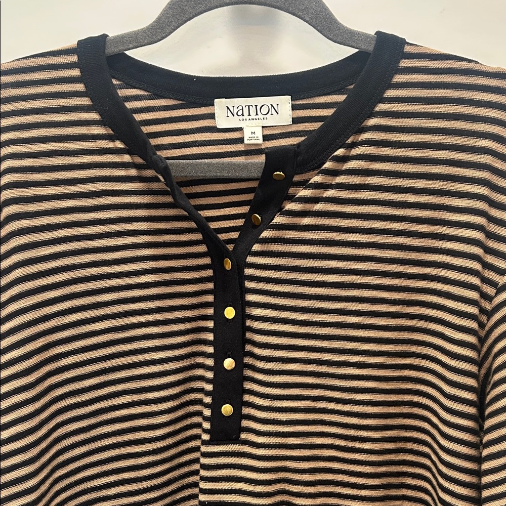 Women's Black & Tan Striped Long Sleeve Henley Tee